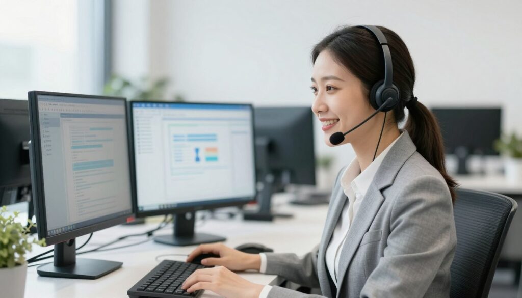Atendente de suporte ao cliente com headset em escritório moderno