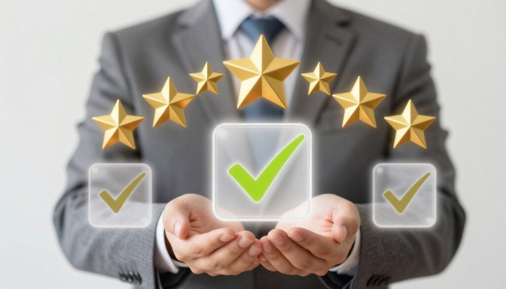 Conceito de vantagens com ícones de estrelas e checkmarks dourados