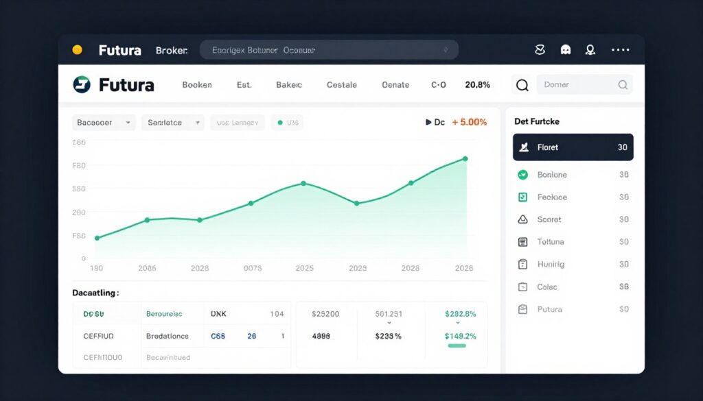 Interface completa da plataforma Futura Broker mostrando dashboard principal