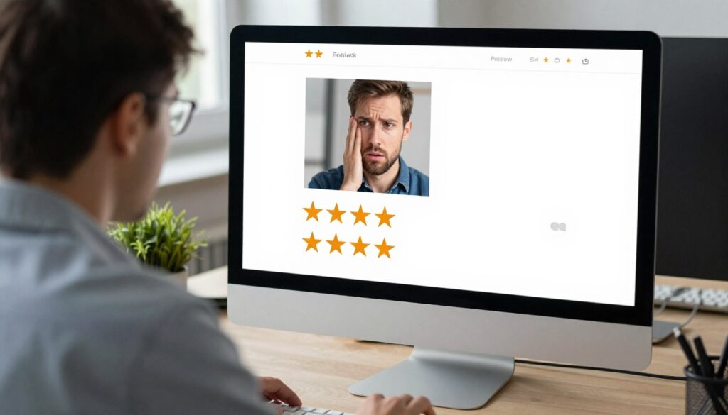 Pessoa analisando avaliações negativas e positivas em tela de computador