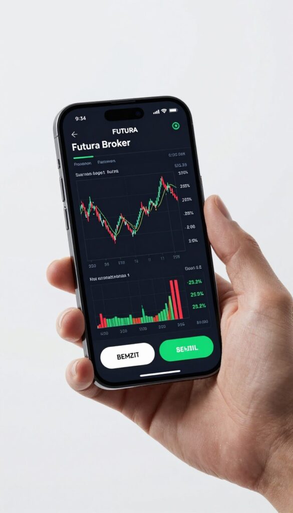 Smartphone mostrando aplicativo da Futura Broker com gráfico de trading