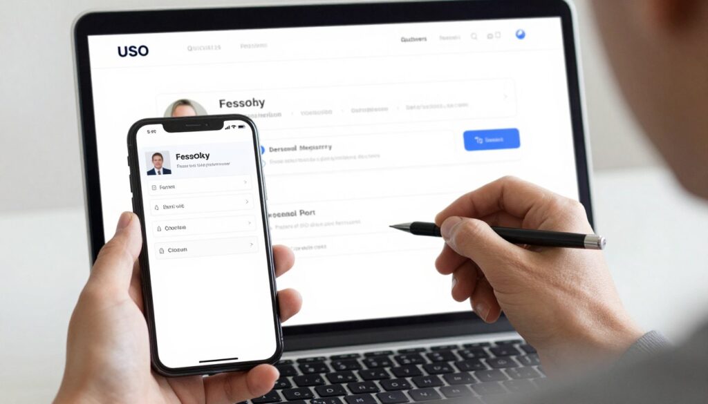 Tela de cadastro de plataforma financeira em smartphone e computador
