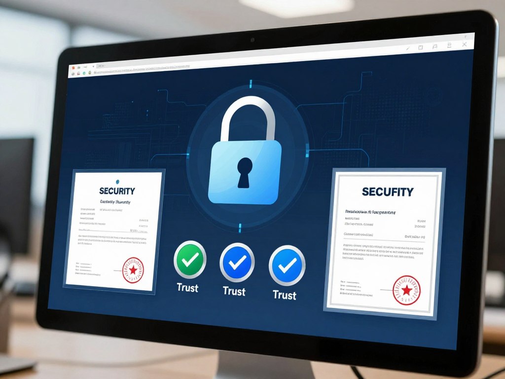 Tela do computador mostrando certificados de segurança digital e ícones de proteção