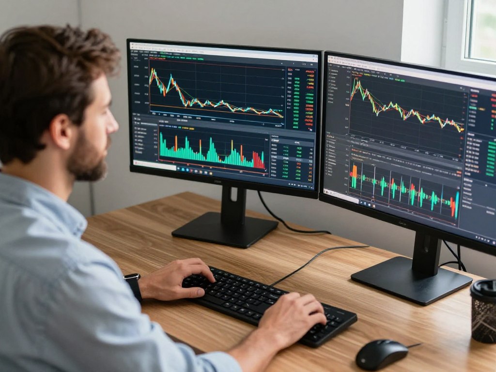 Trader satisfeito utilizando múltiplos monitores com gráficos